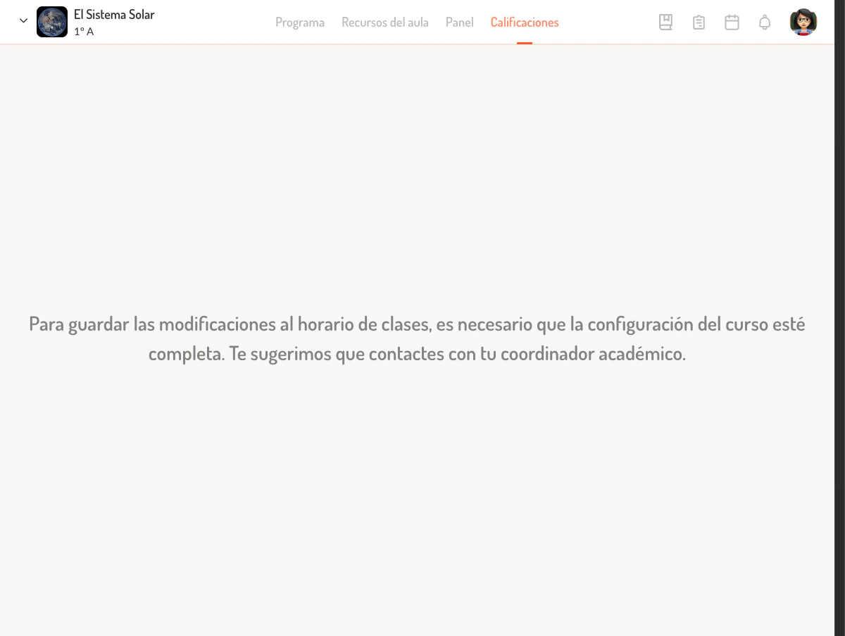 Vista de Calificaciones del curso