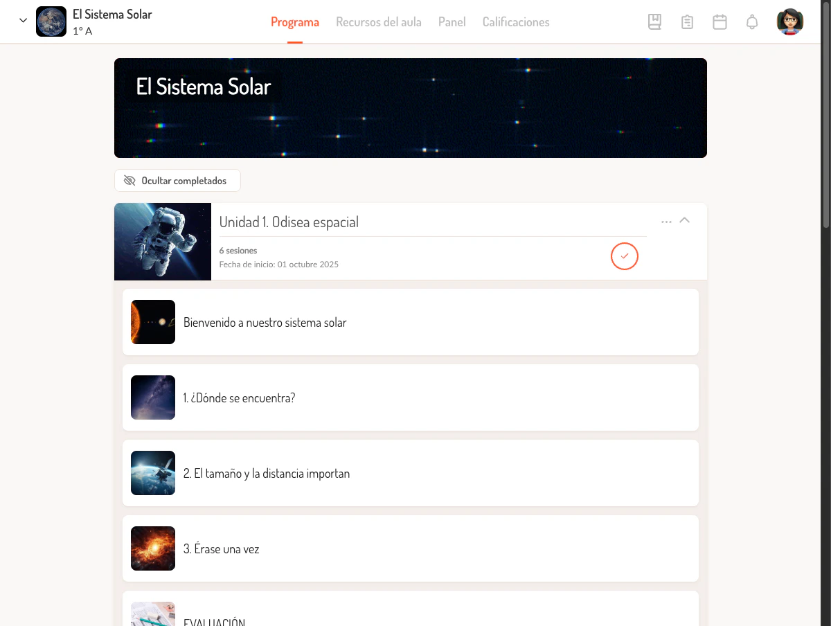 Vista del programa con una unidad expandida mostrando sus lecciones