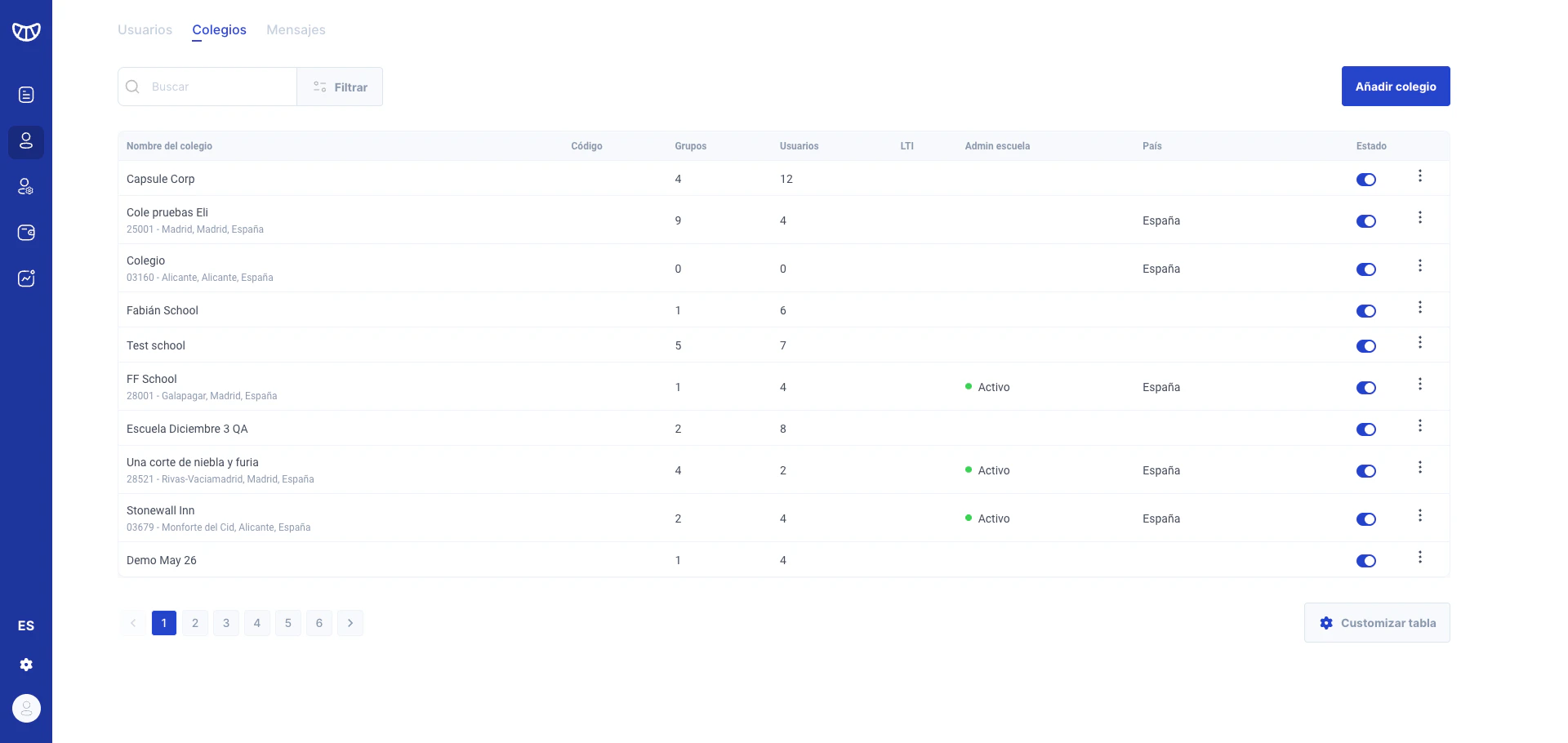 Listado principal de colegios