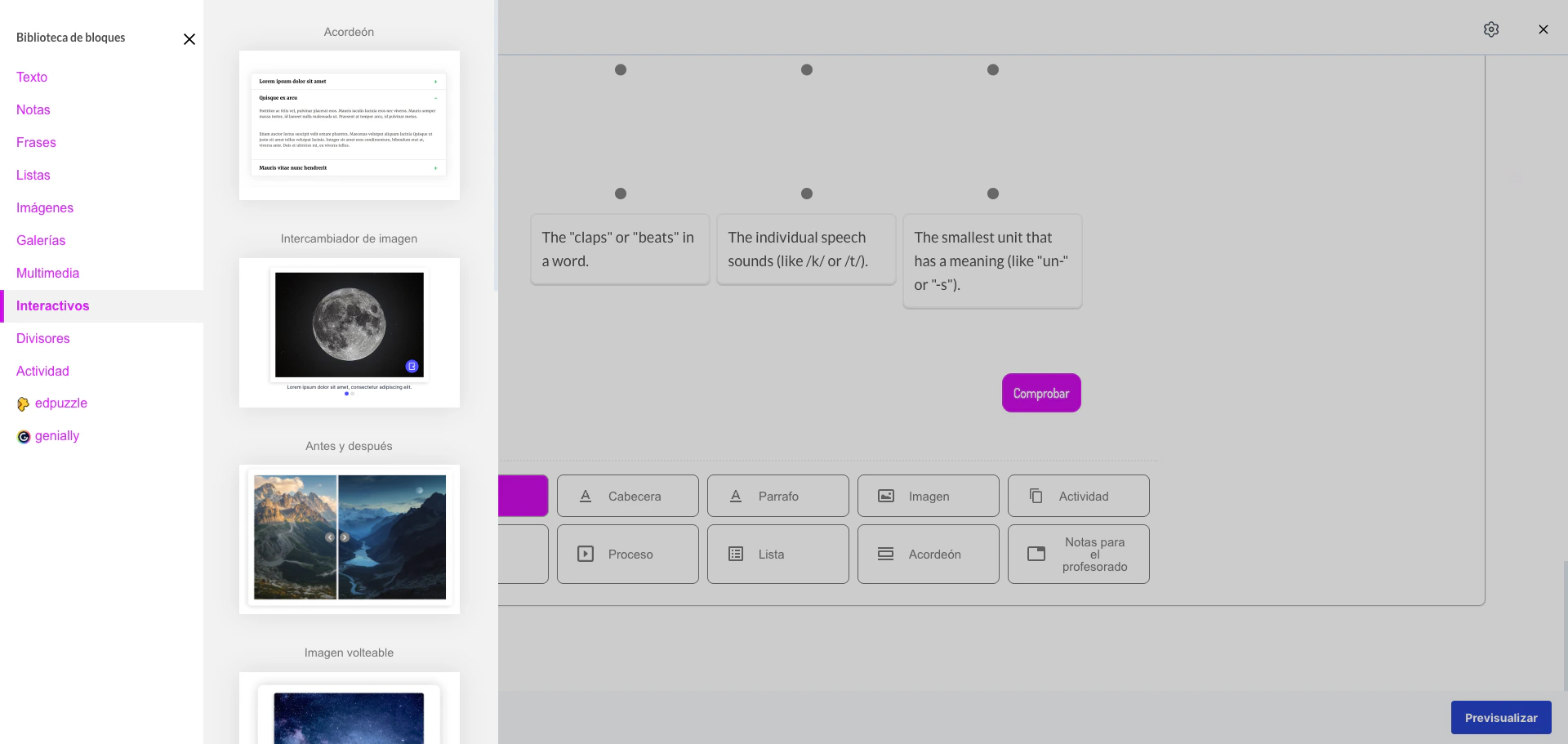 Categoría Interactivos mostrando Acordeón, Intercambiador de imagen, Antes y después e Imagen volteable