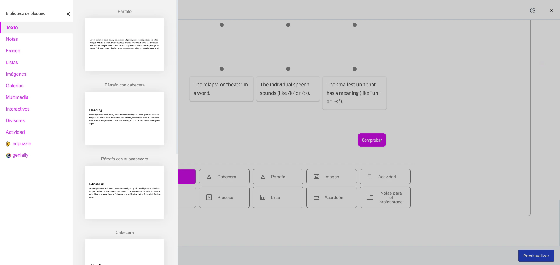 Categoría Texto de la Biblioteca de bloques mostrando las previsualizaciones de Párrafo, Párrafo con cabecera y Párrafo con subcabecera