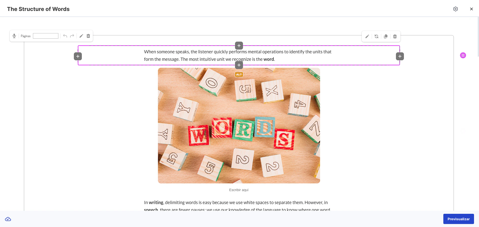 Bloque de texto seleccionado mostrando el borde púrpura y los botones de acción