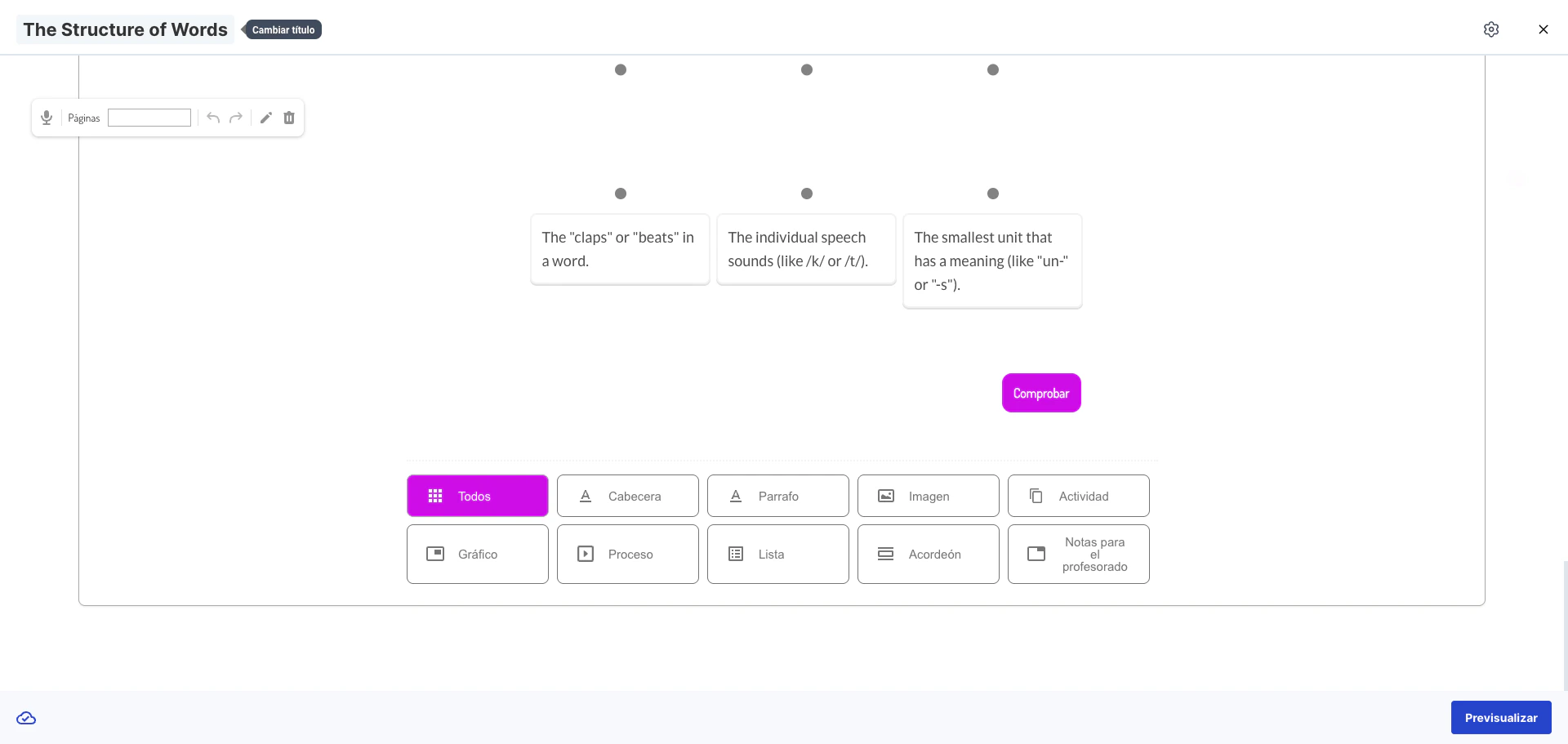 Vista completa del editor Mint mostrando la barra superior, el área de contenido y la paleta de bloques inferior
