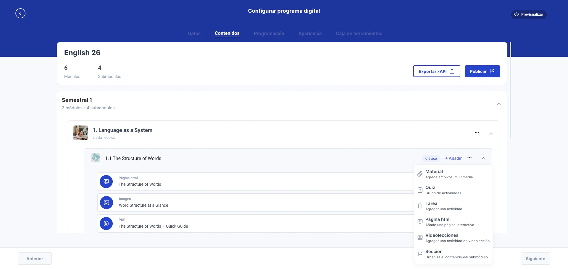 Menú de añadir material mostrando la opción Página html junto a Material, Quiz, Tarea, Videolecciones y Sección