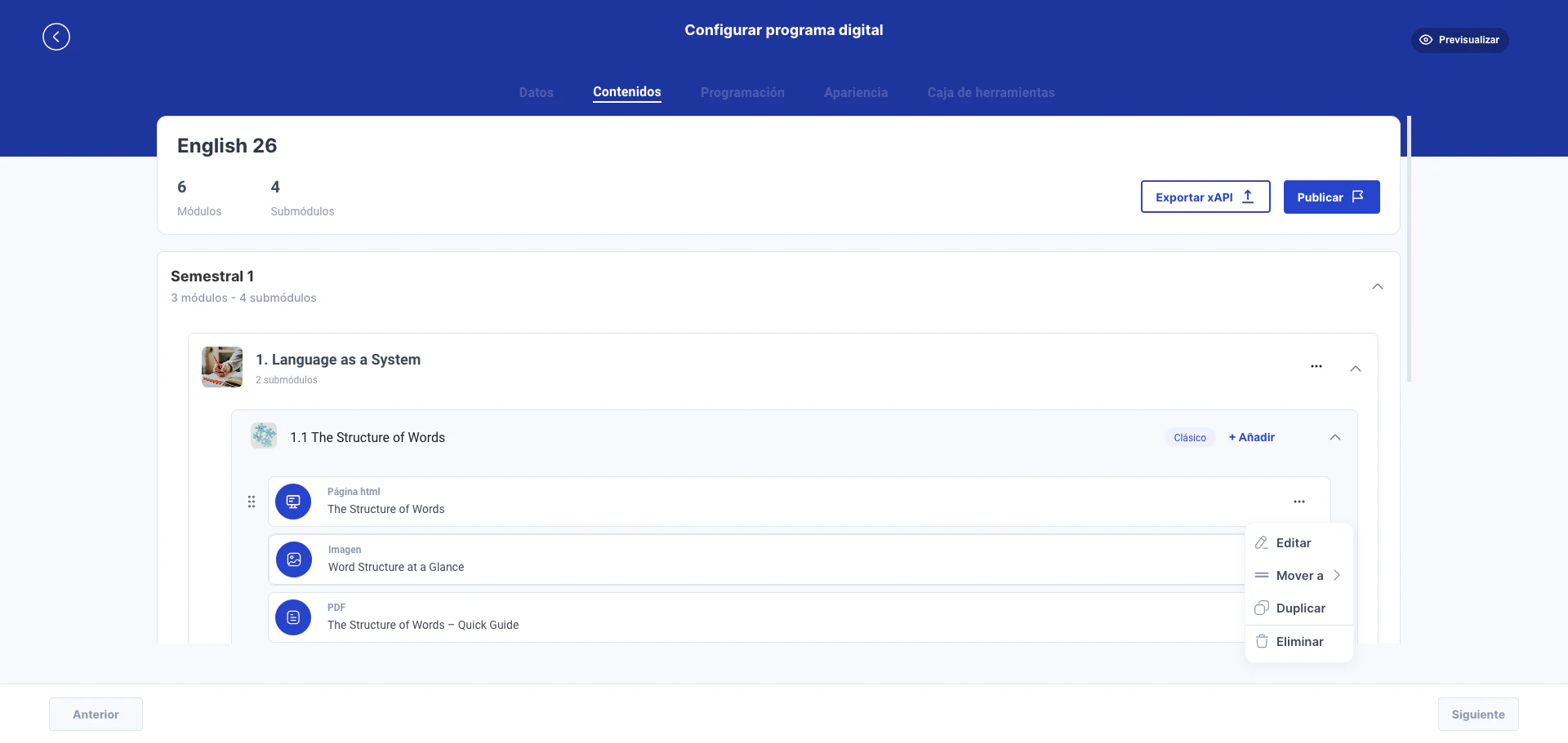 Menú contextual de una página html con opciones Editar, Mover a, Duplicar y Eliminar