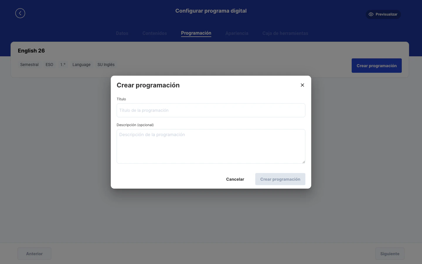 Diálogo de creación de programación