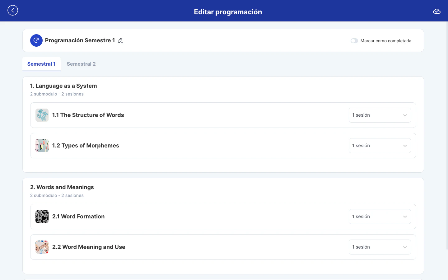 Editor de sesiones con la estructura del programa