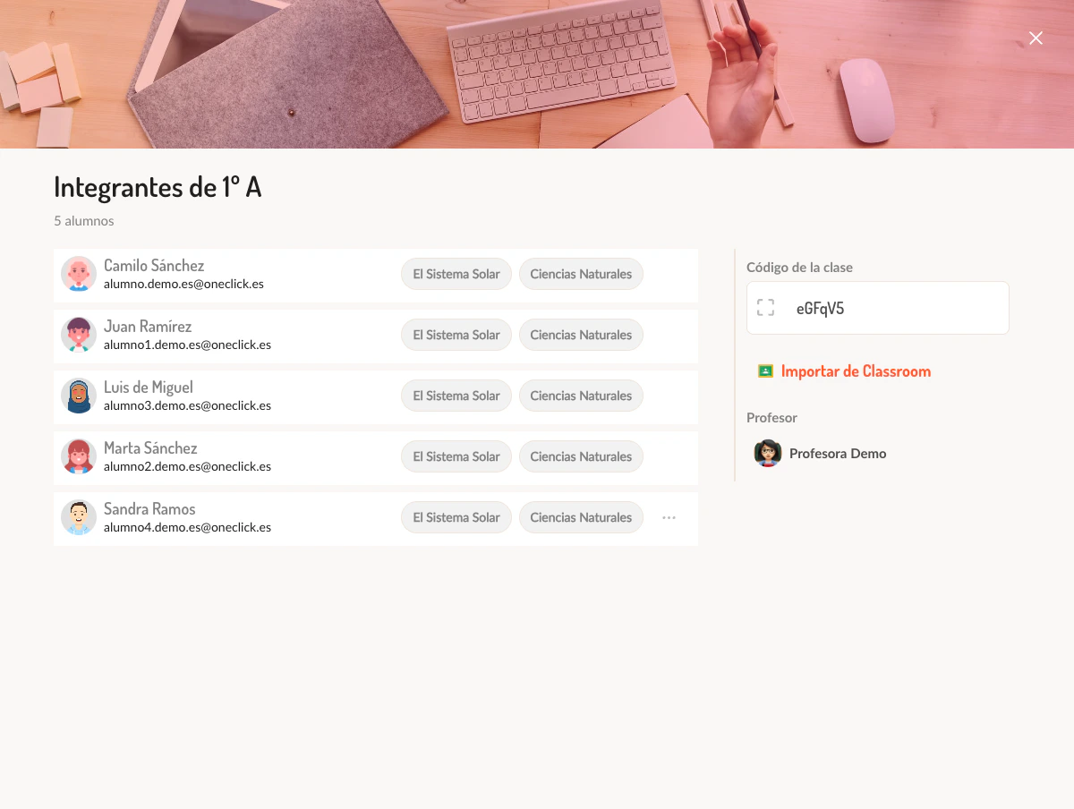 Panel de integrantes mostrando lista de estudiantes con sus correos y cursos asignados