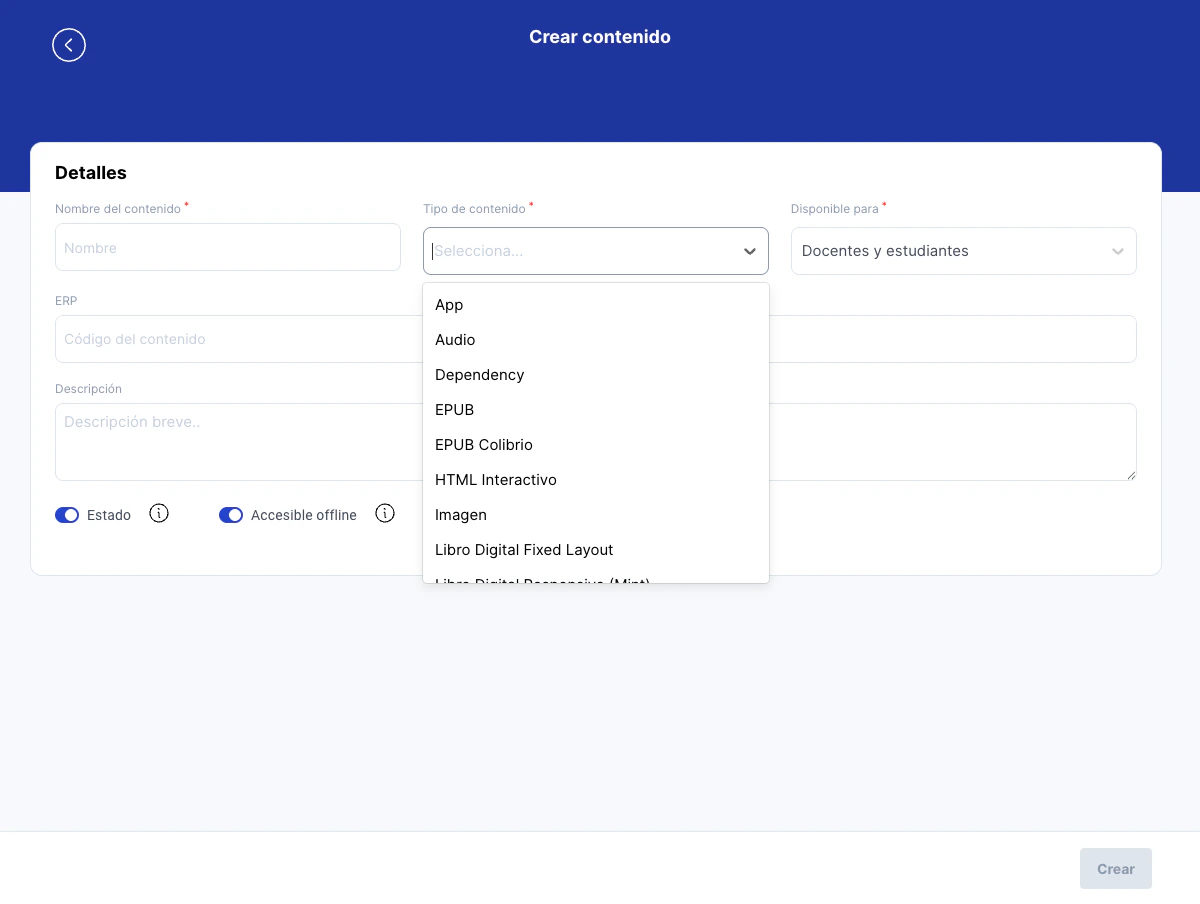 Selector de tipos de contenido