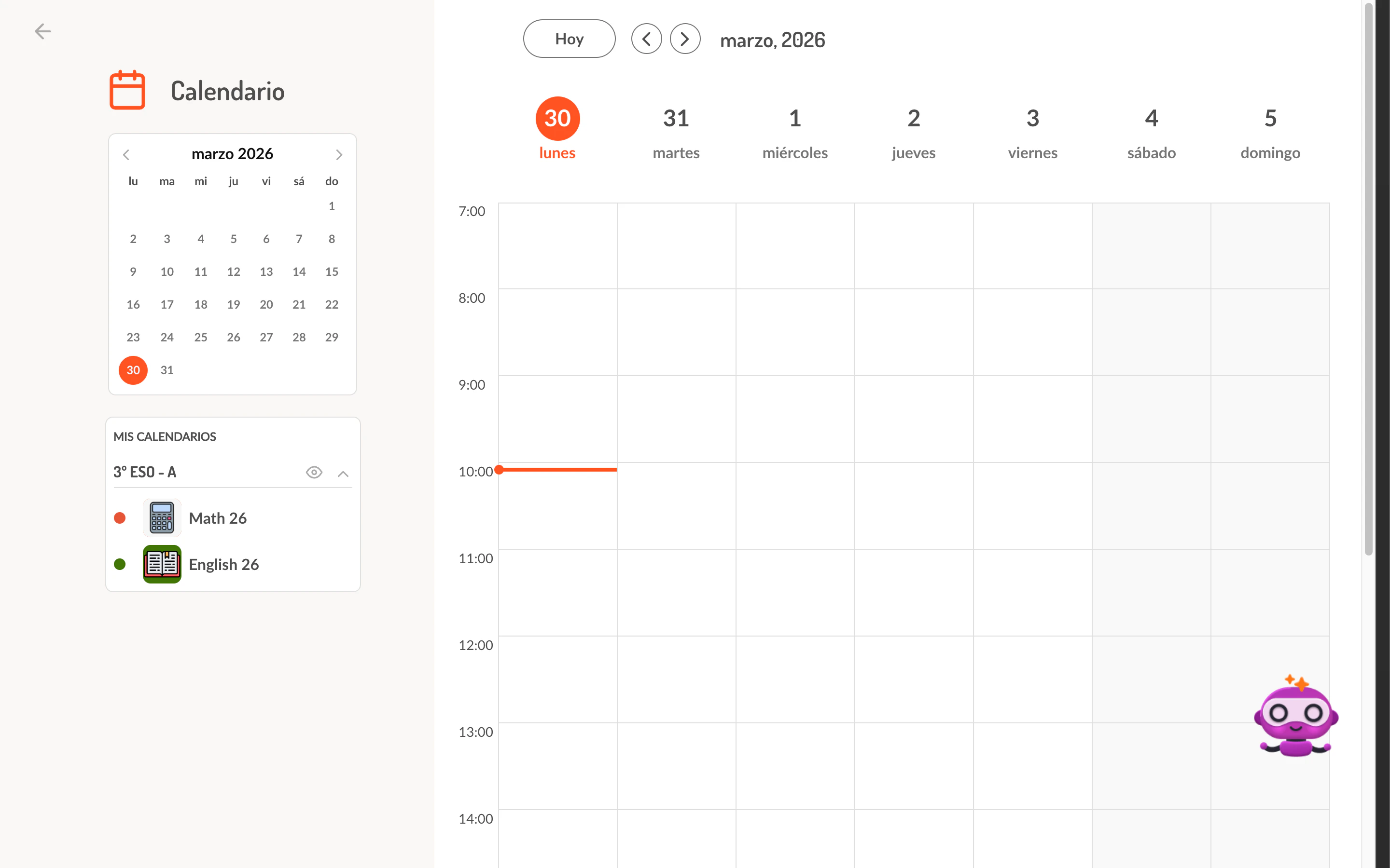 Vista general del calendario del estudiante