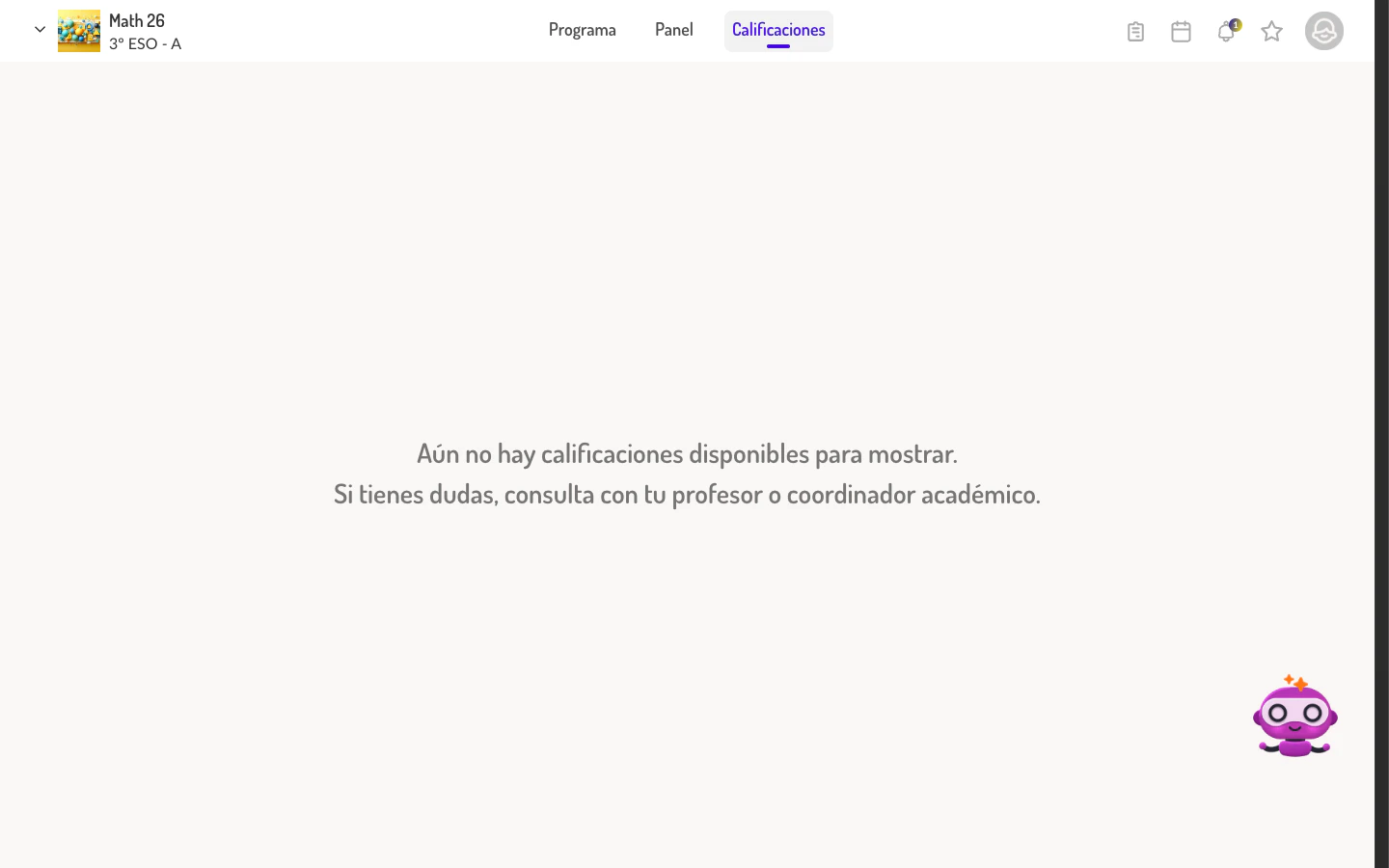 Vista de calificaciones vacía cuando no hay actividades evaluadas