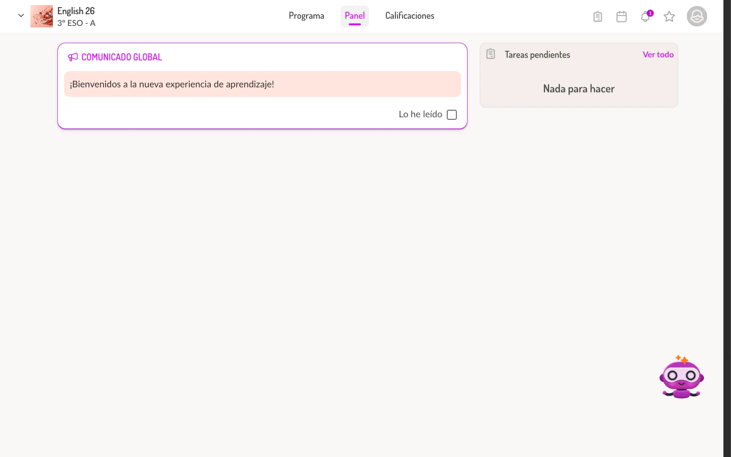 Vista del Panel del estudiante mostrando un comunicado global y tareas pendientes