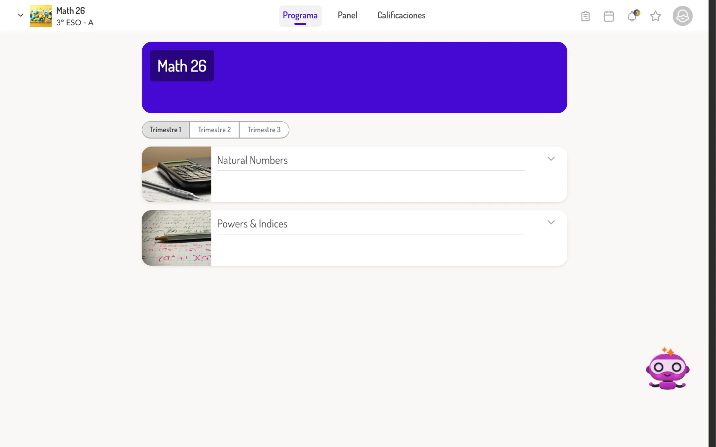 Tab Programa del curso mostrando unidades organizadas por trimestre