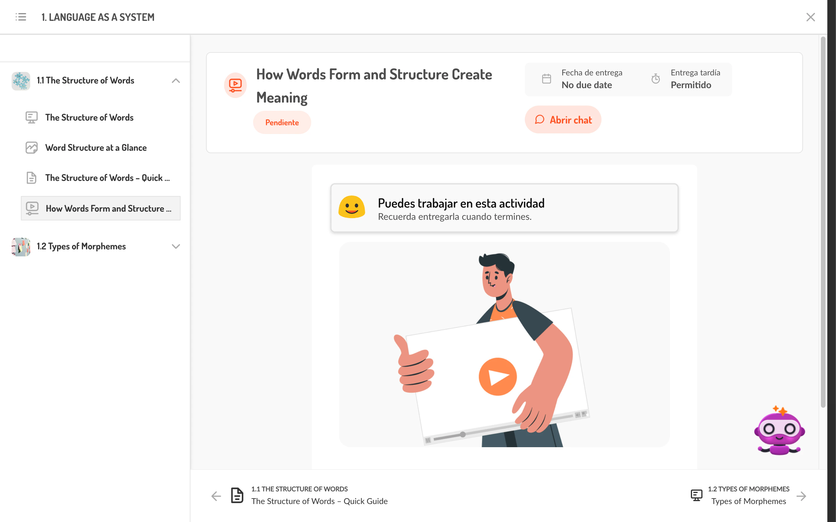 Vista de una actividad evaluativa pendiente con botón Empezar