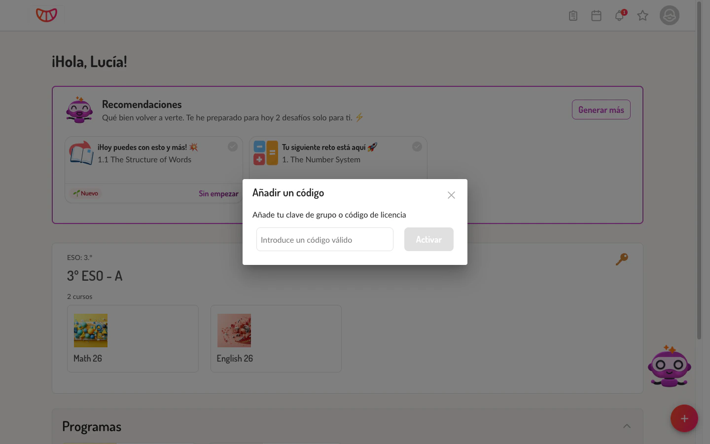 Diálogo para añadir un código de grupo o licencia