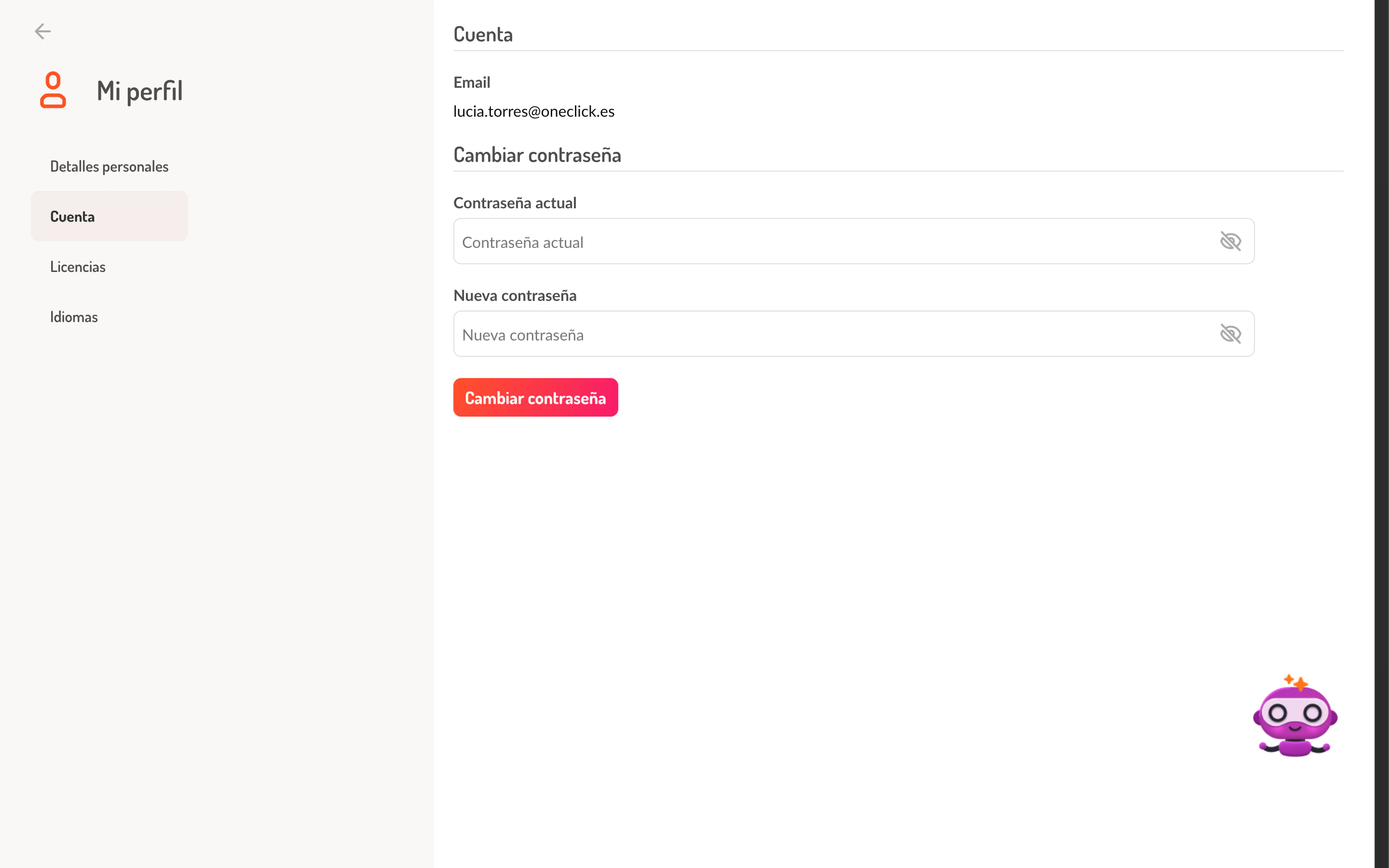 Vista de la pestana Cuenta