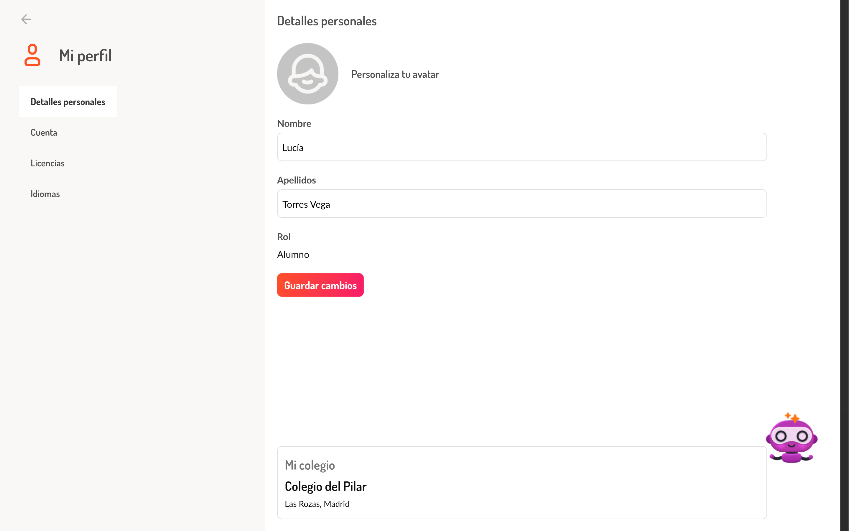 Vista de detalles personales del perfil