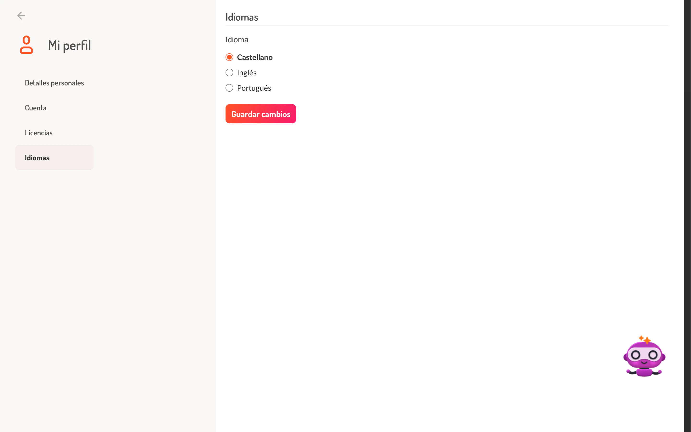 Vista de la pestana Idiomas