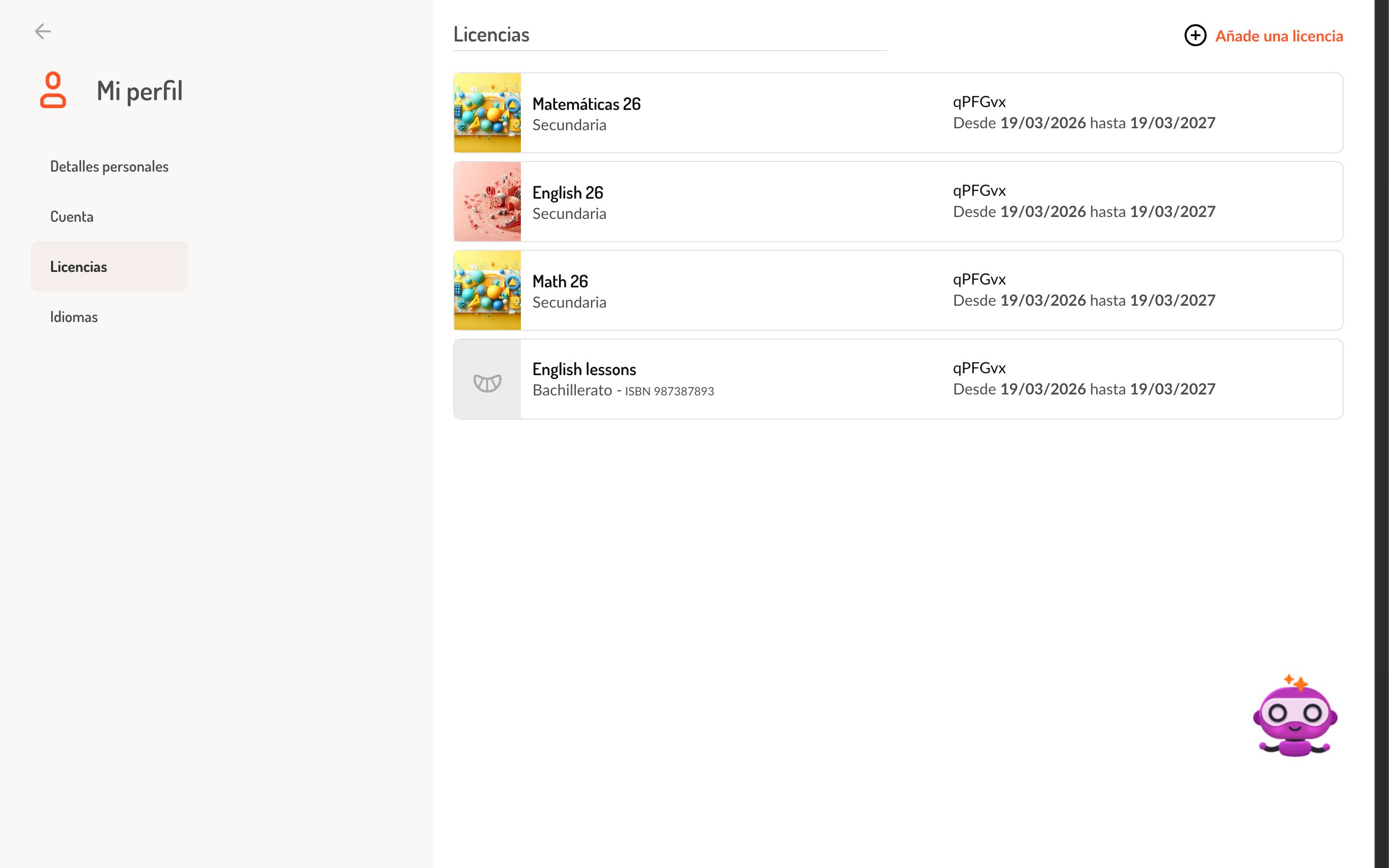 Vista de la pestana Licencias