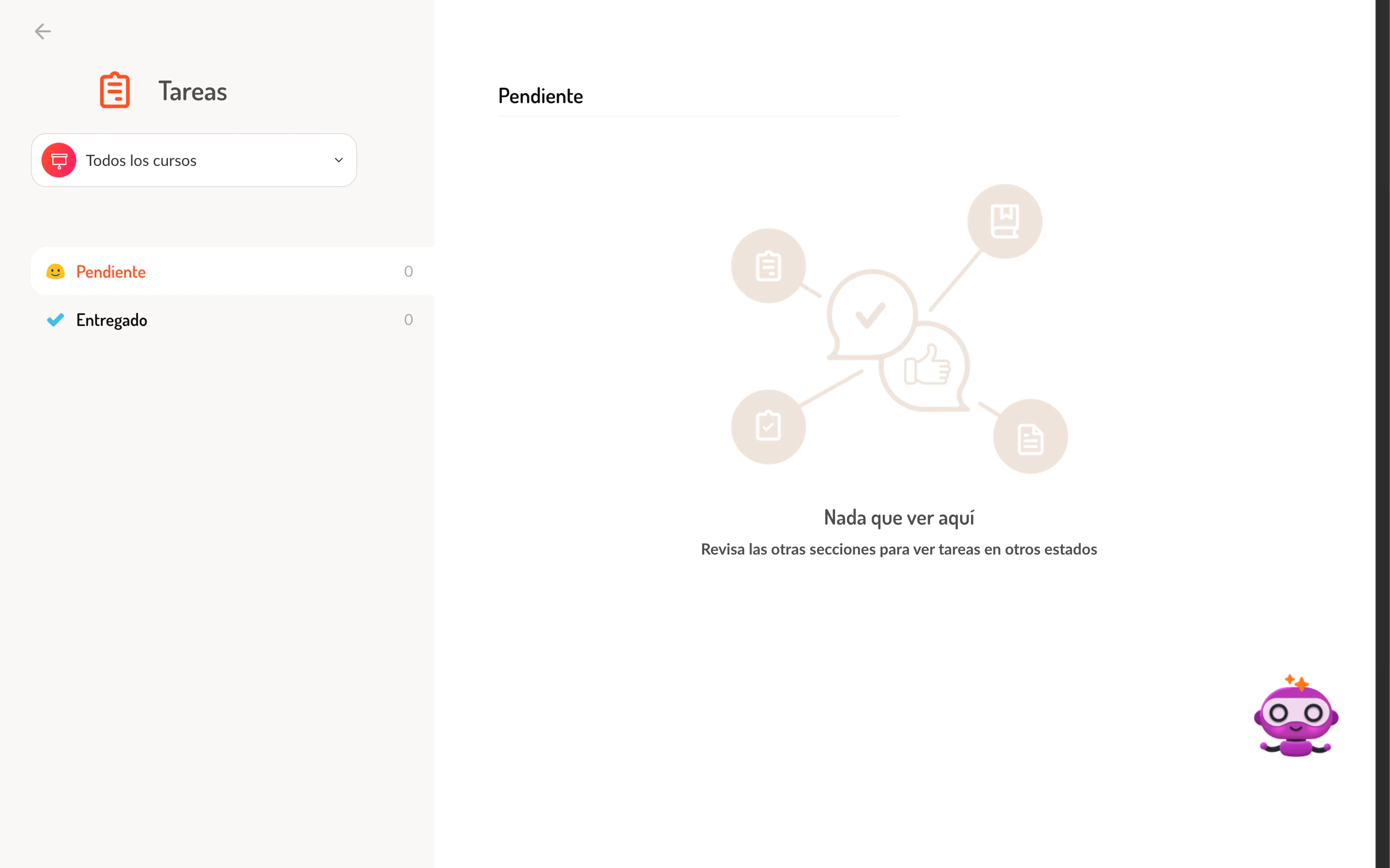 Vista de tareas del estudiante mostrando el estado vacío con filtro de cursos y pestañas de estado