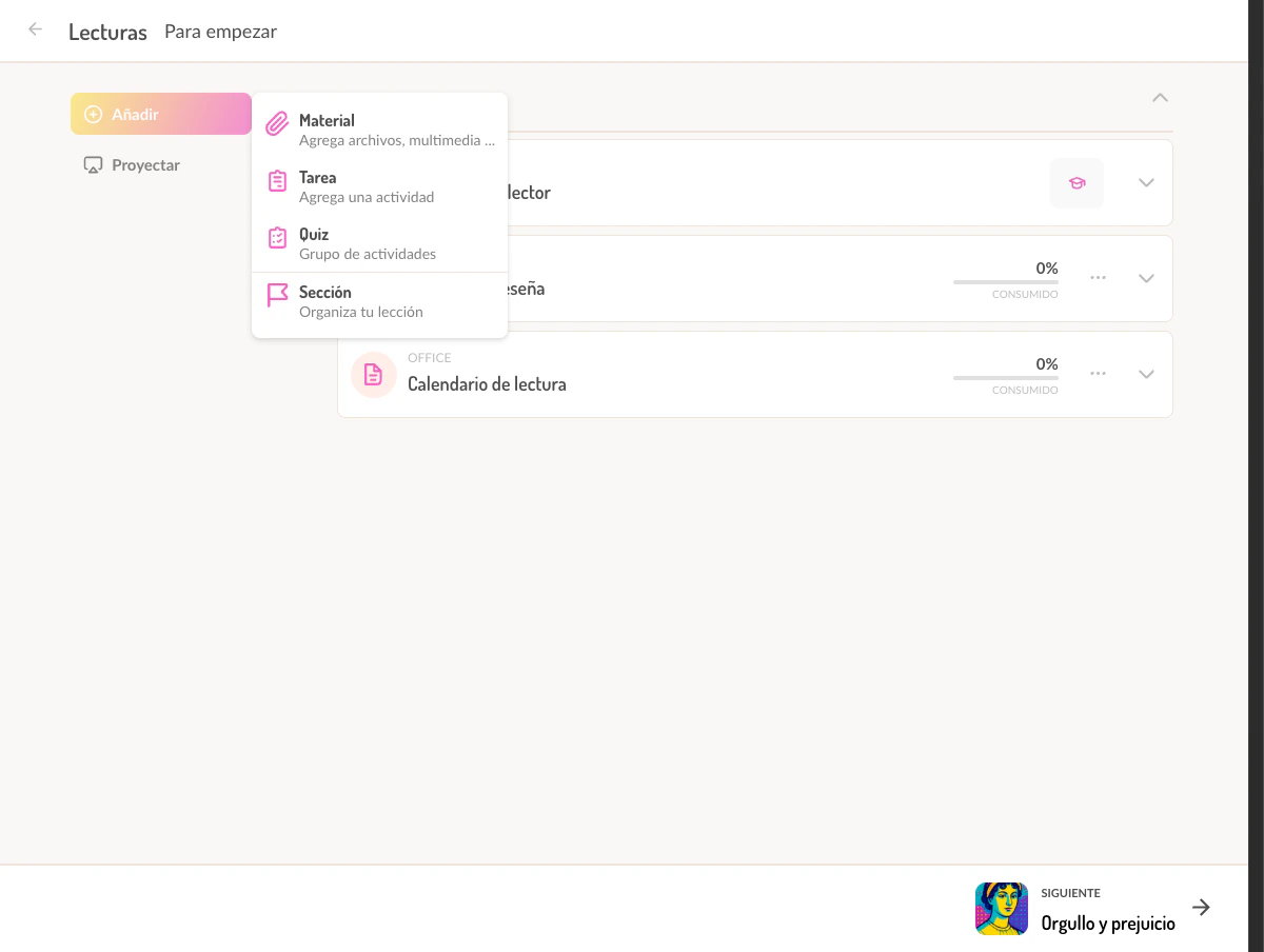 Menú para agregar contenido en una lección