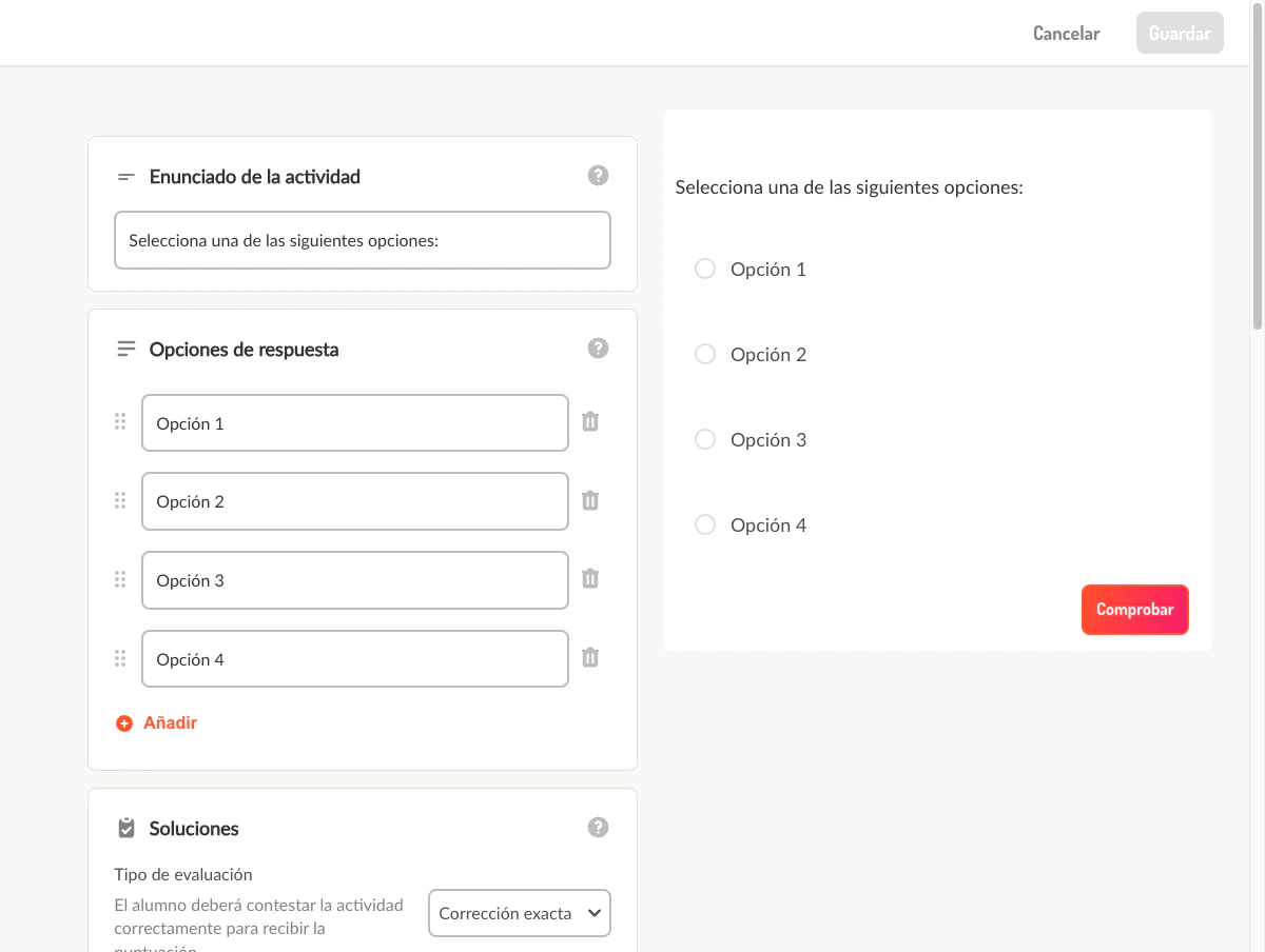 Editor Lemonade para pregunta de respuesta única