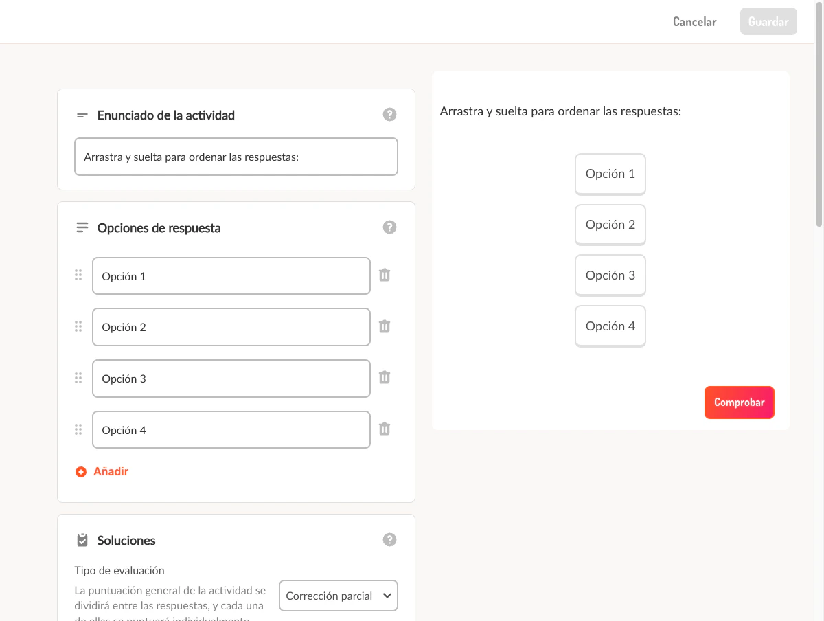 Editor Lemonade para pregunta de tipo Ordenar