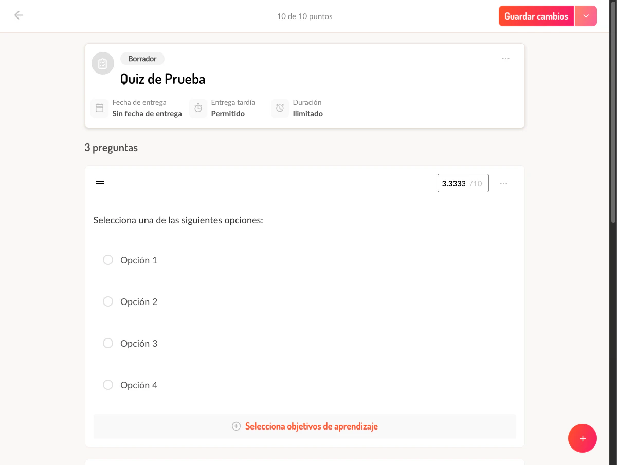 Quiz con tres preguntas y puntos distribuidos
