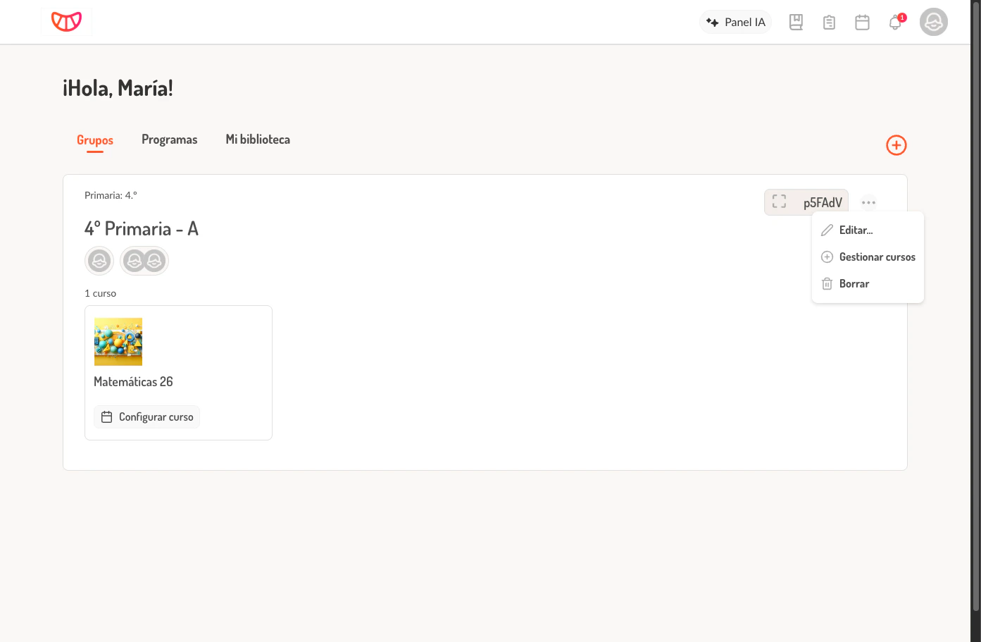 Menú desplegable del grupo con las opciones Editar, Gestionar cursos y Borrar