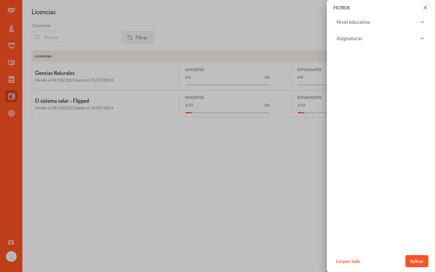 Panel de filtros de licencias