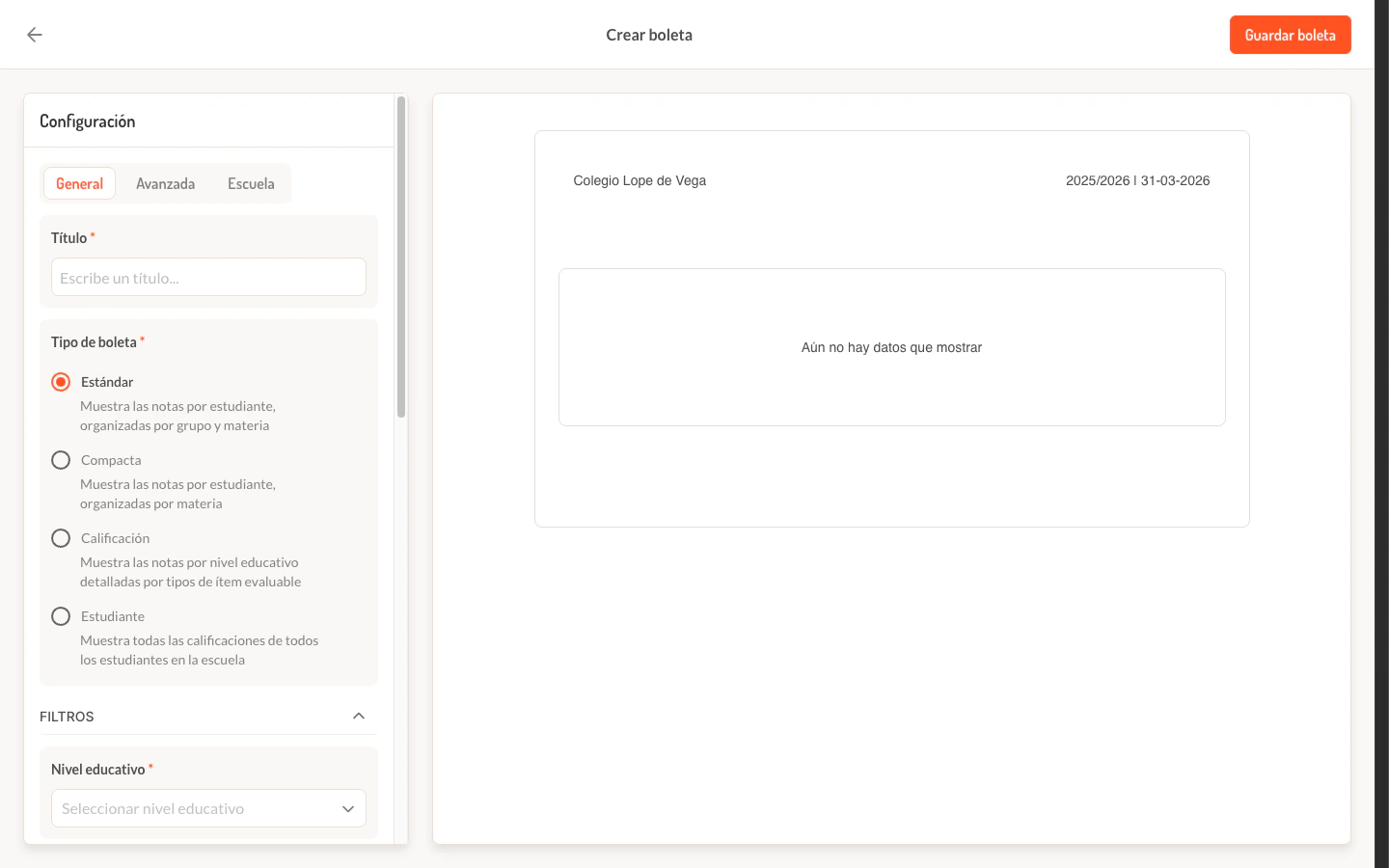 Constructor de boleta - Pestana General