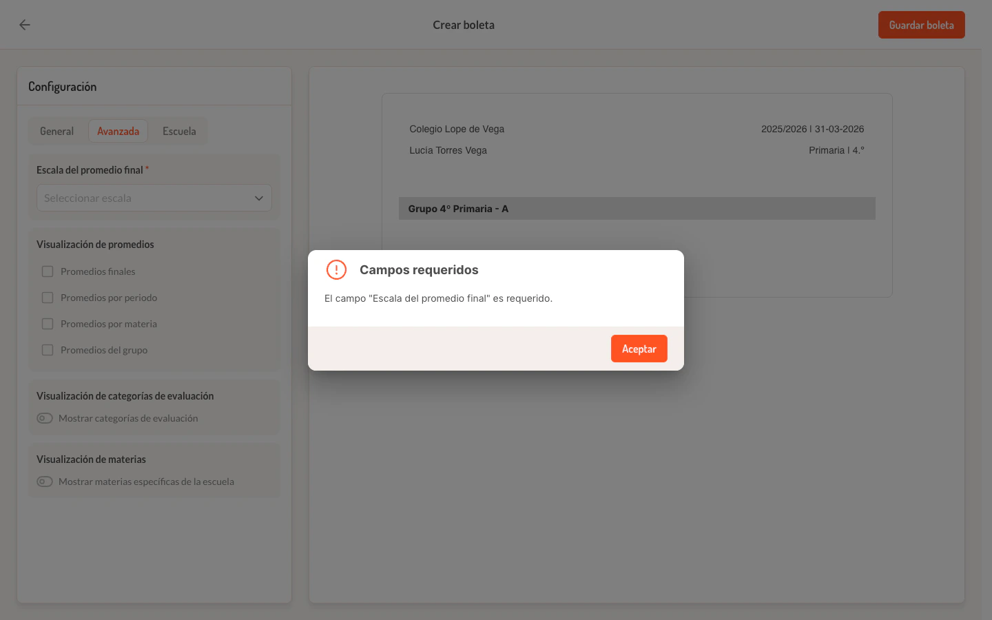 Dialogo de validacion de campos requeridos