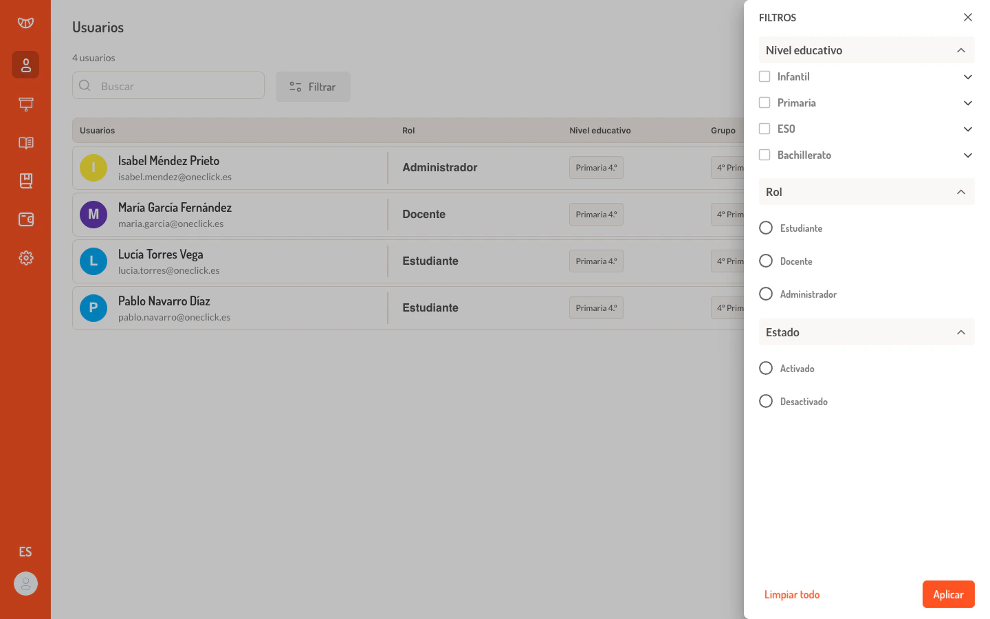 Panel de filtros expandido