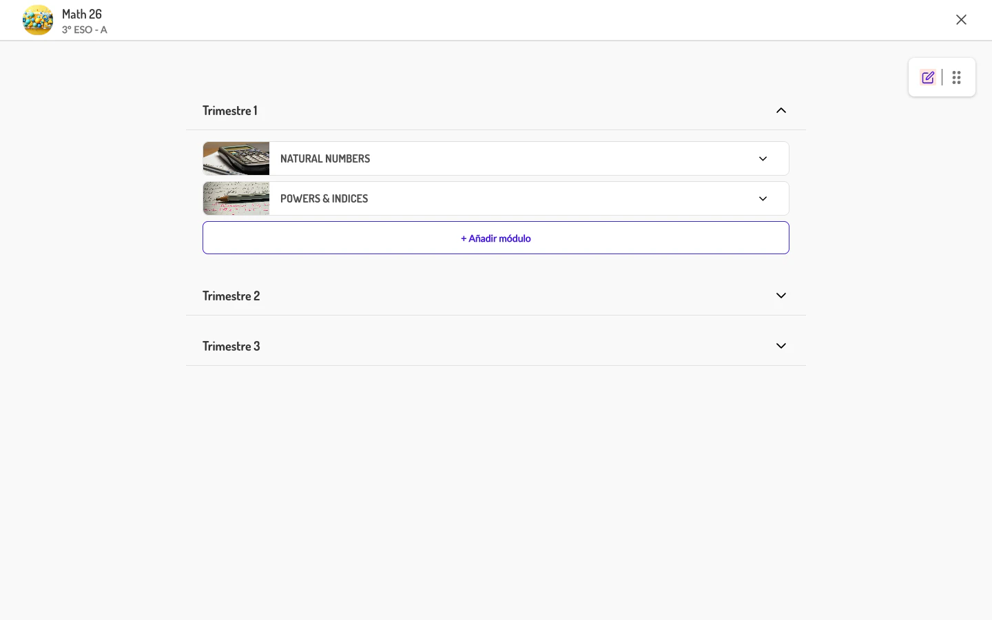 Programa en modo de edición mostrando controles de visibilidad y botones de añadir