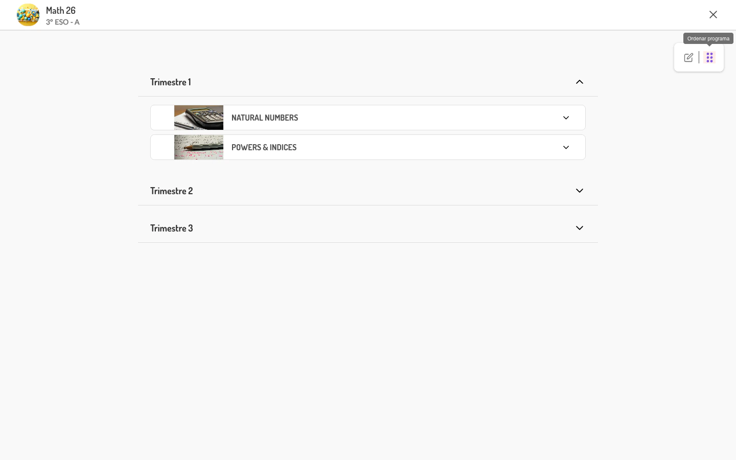 Programa en modo de reordenación con elementos arrastrables