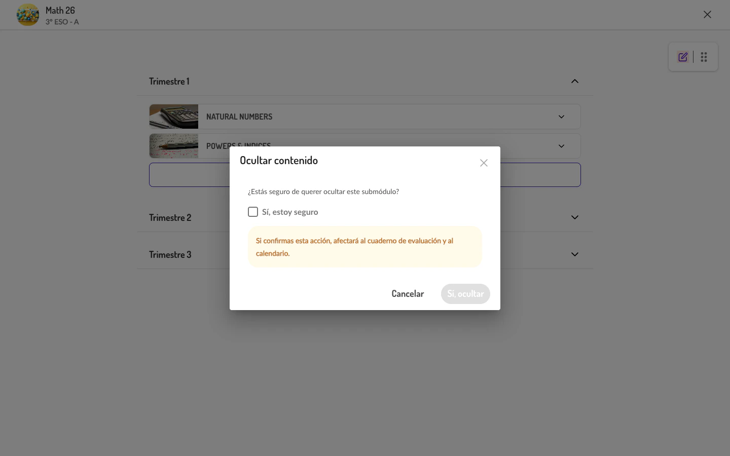 Diálogo de confirmación para ocultar un submódulo