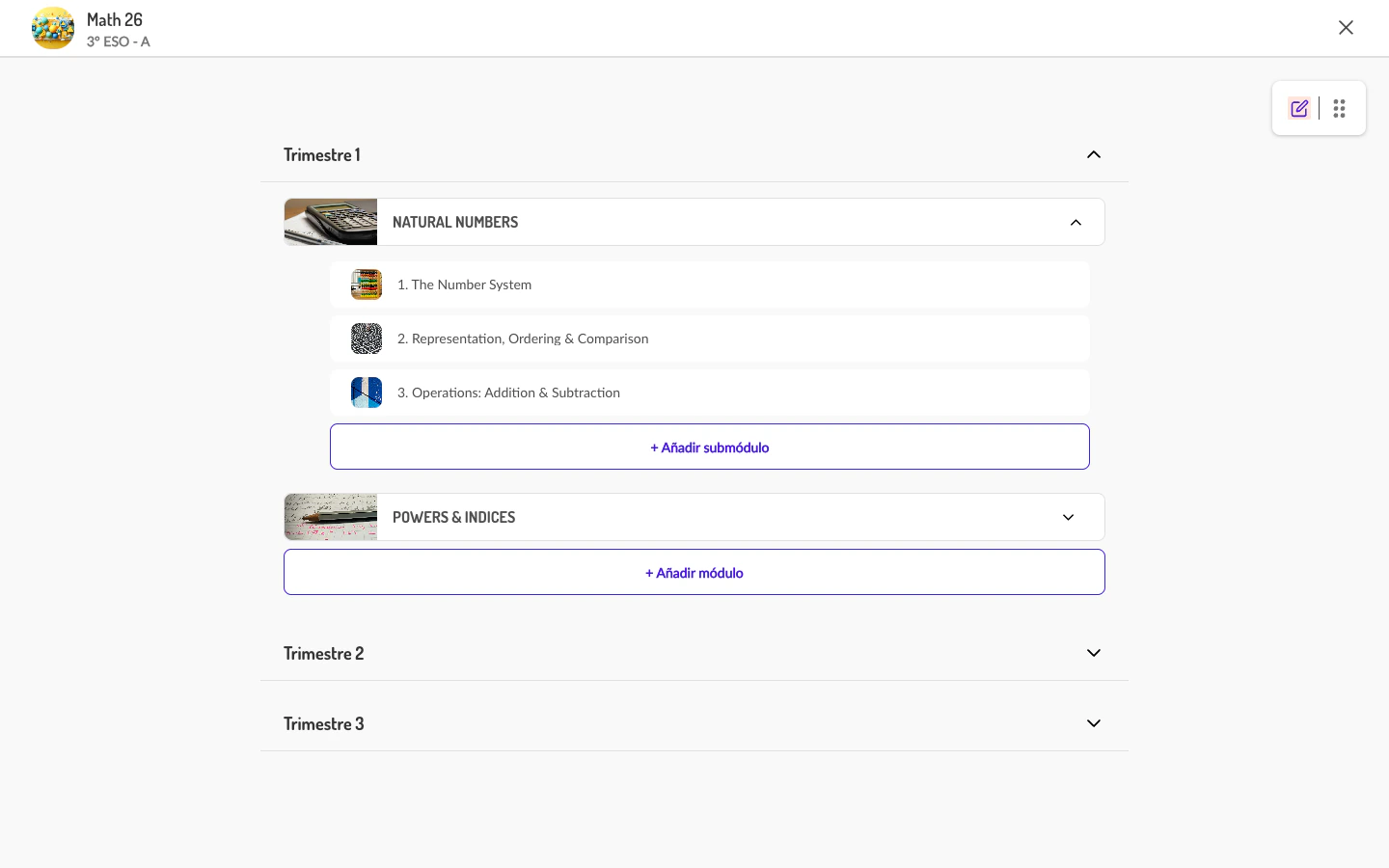 Submódulos expandidos dentro de un módulo en modo edición, con botón de añadir submódulo