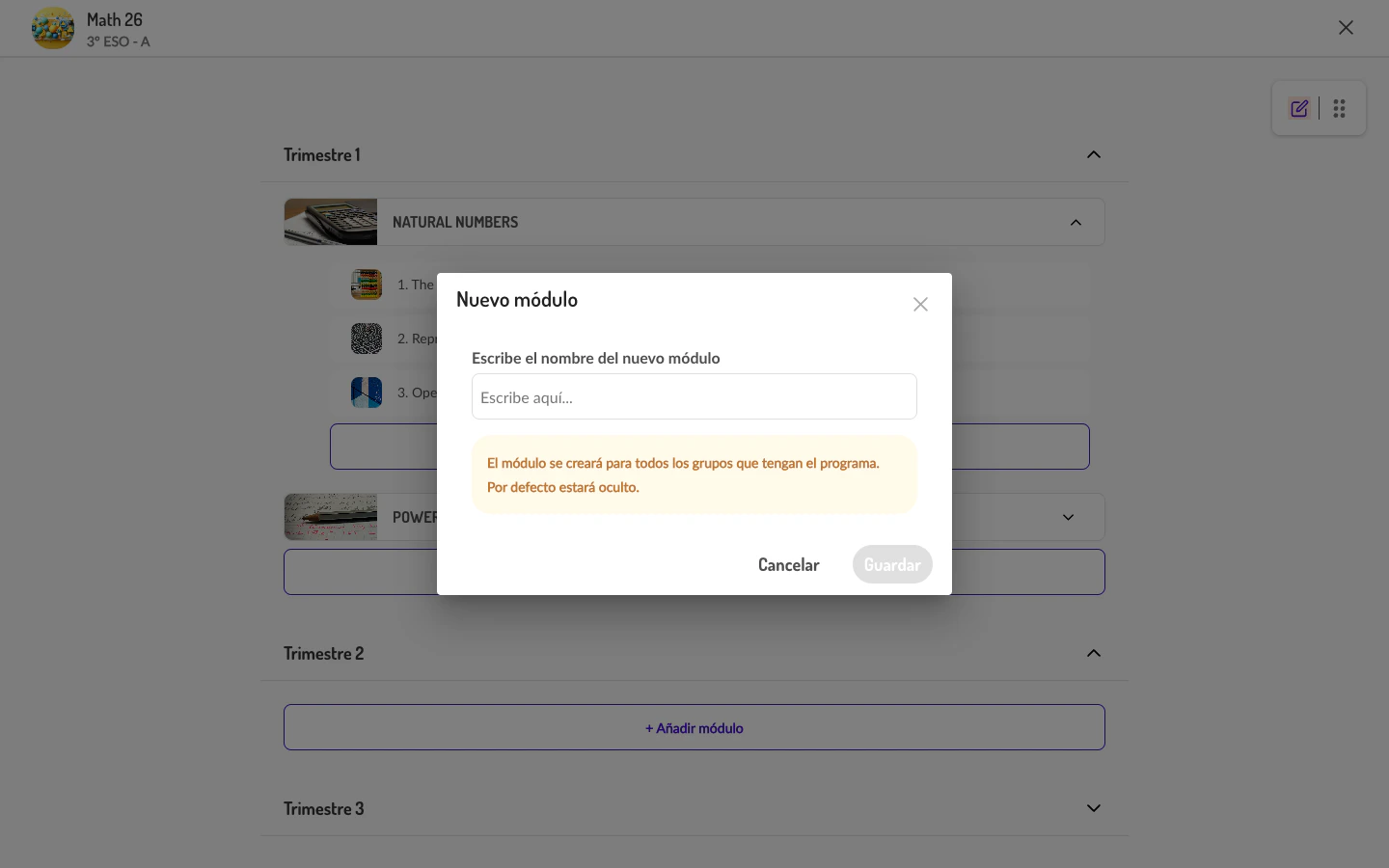 Diálogo para crear un nuevo módulo con campo de nombre