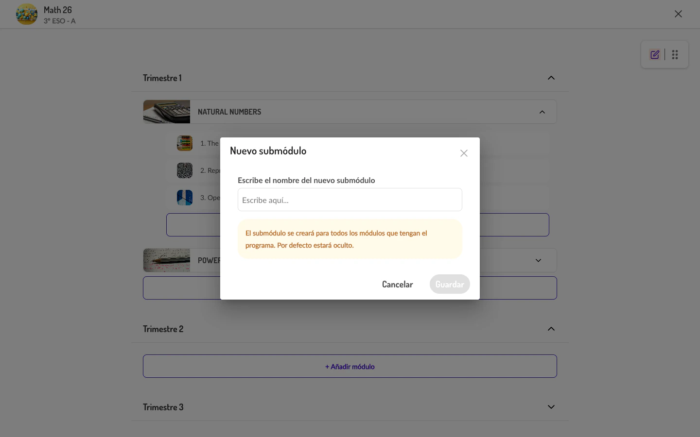 Diálogo para crear un nuevo submódulo con campo de nombre