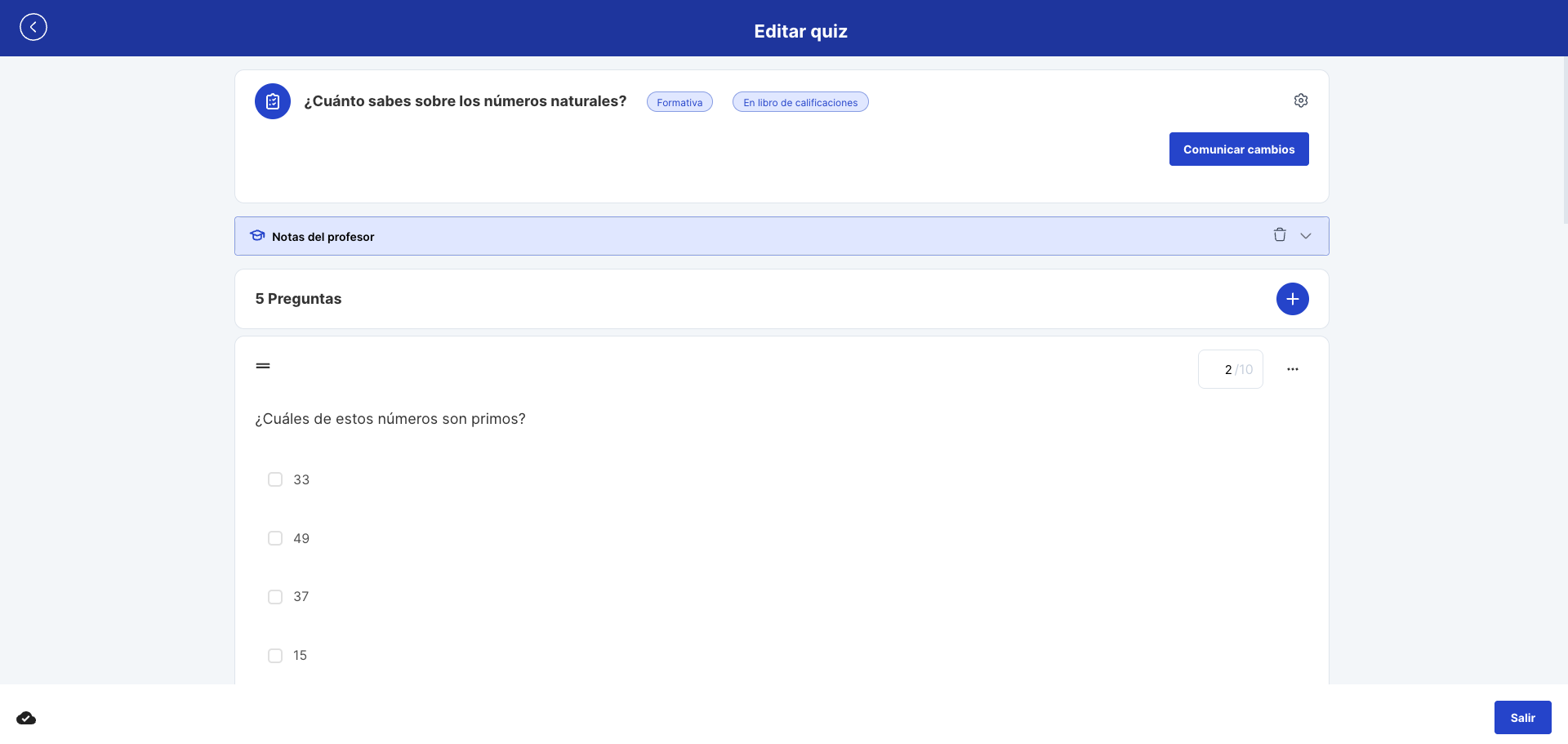 Editor de quiz con el botón Comunicar cambios en la cabecera