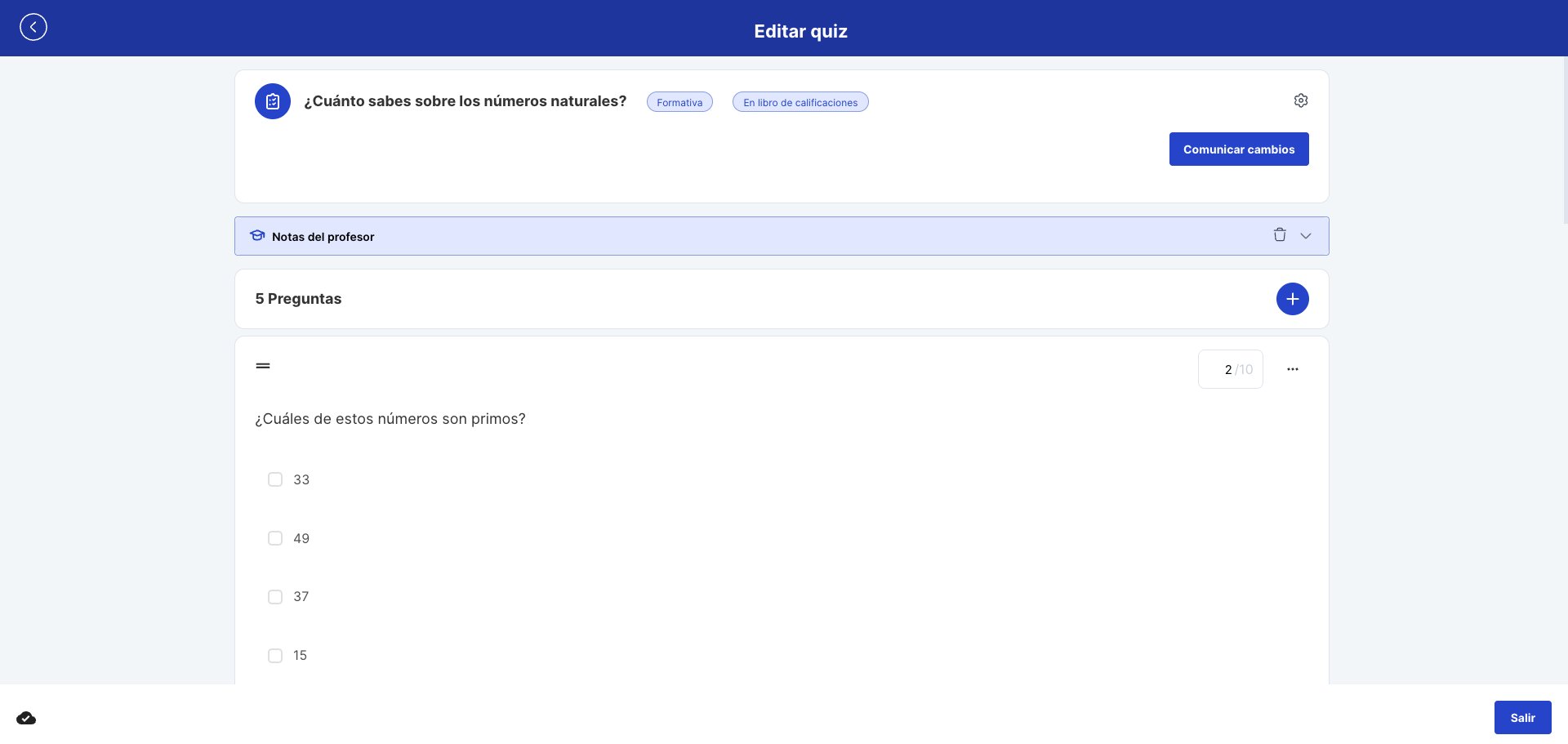 Editor de quiz con el botón Comunicar cambios en la cabecera