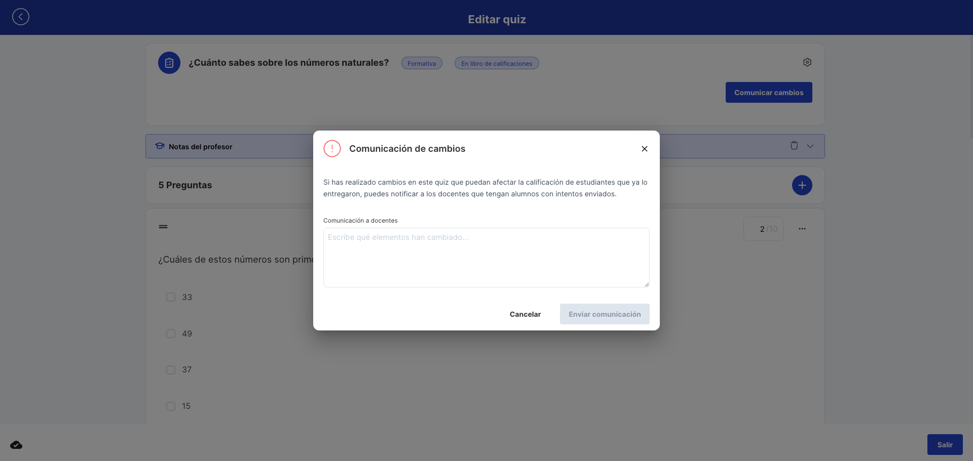Diálogo Comunicación de cambios vacío con el área Comunicación a docentes