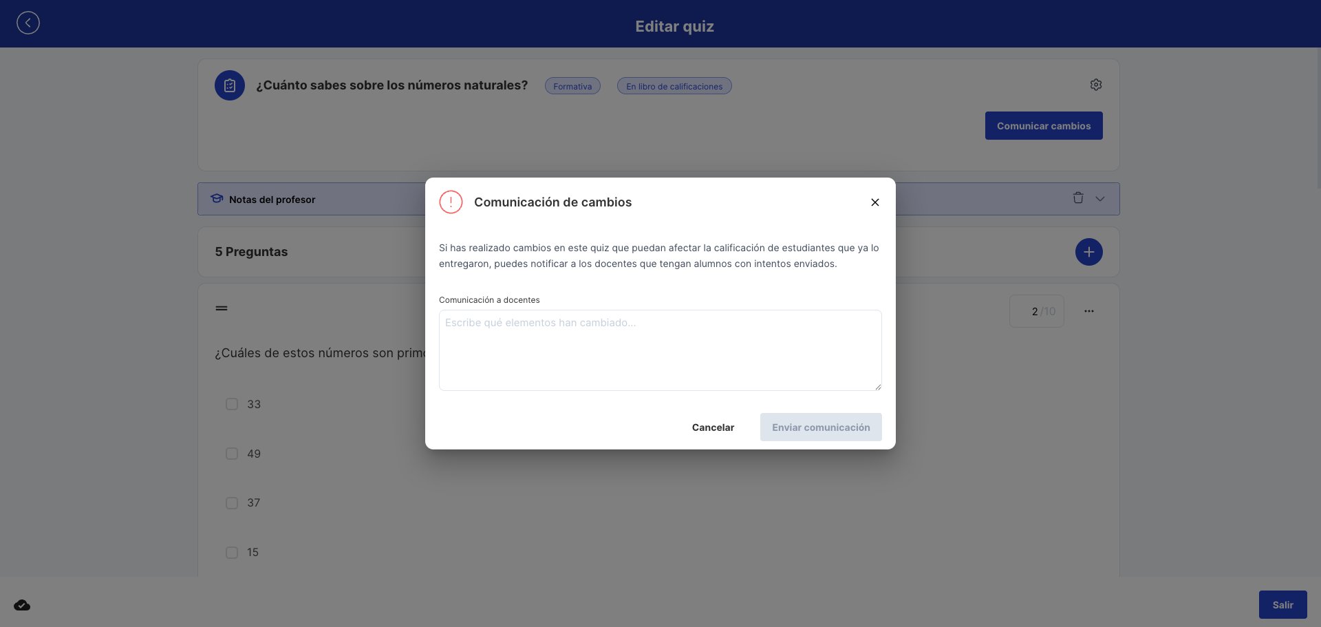 Diálogo Comunicación de cambios vacío con el área Comunicación a docentes