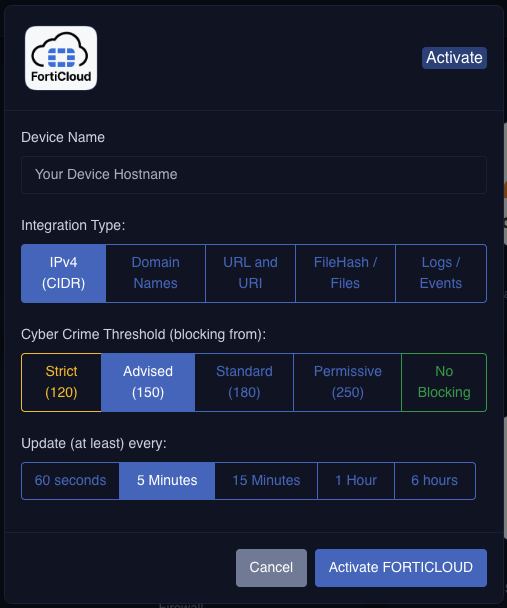 FortiCloud selection screen