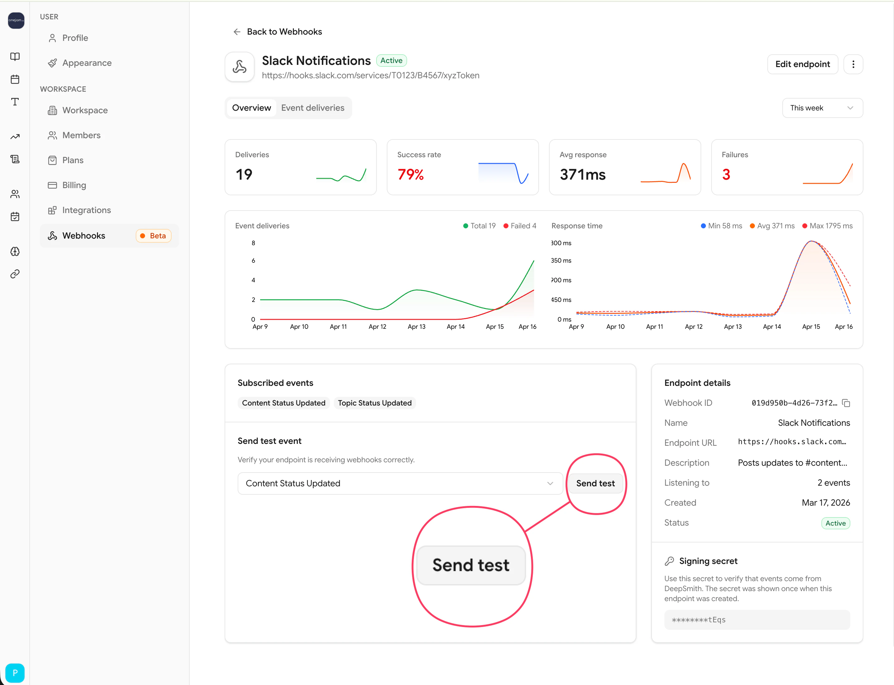 Send test event dialog