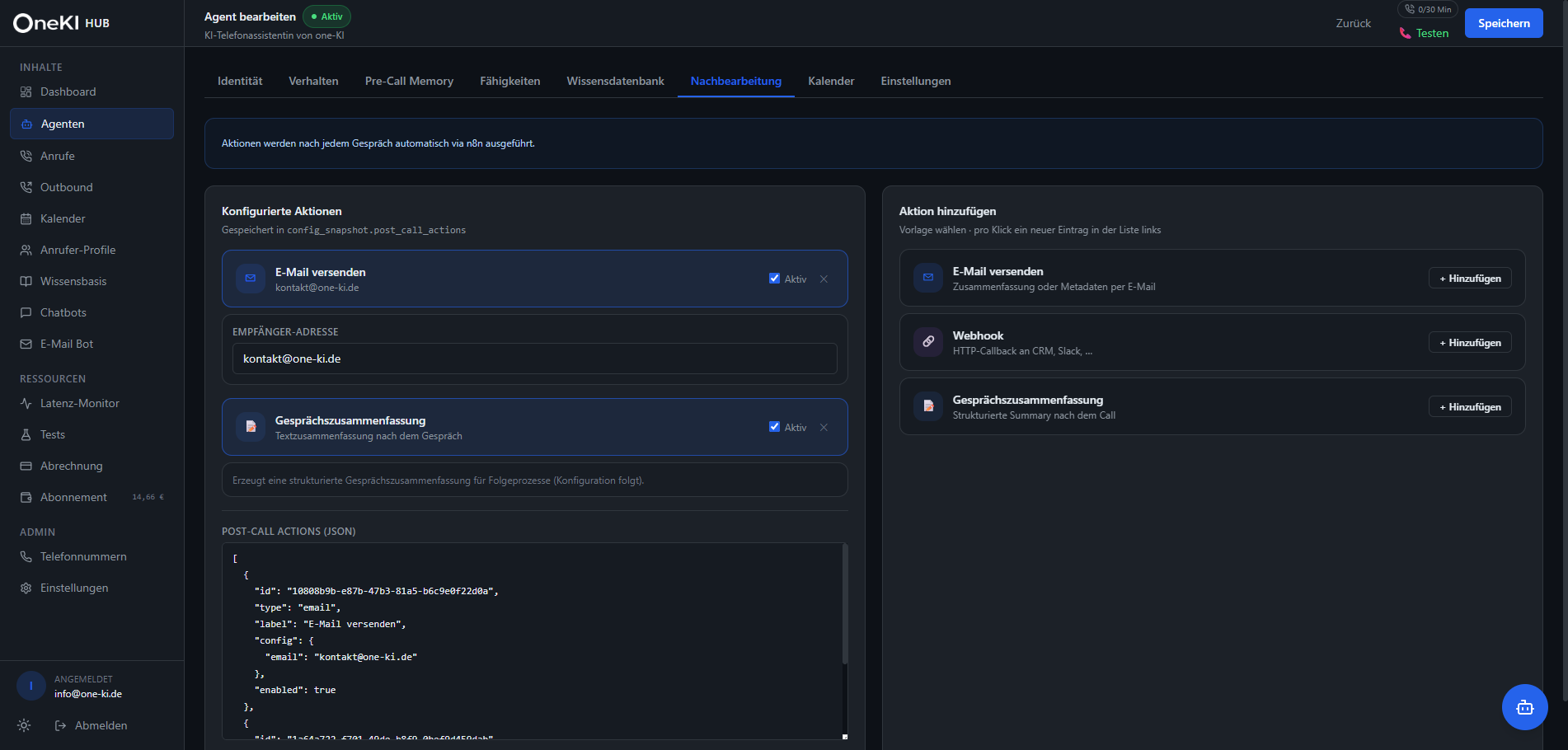 Tab "Nachbearbeitung" im Agent-Editor mit Webhook-Feld und Extraktions-Prompt