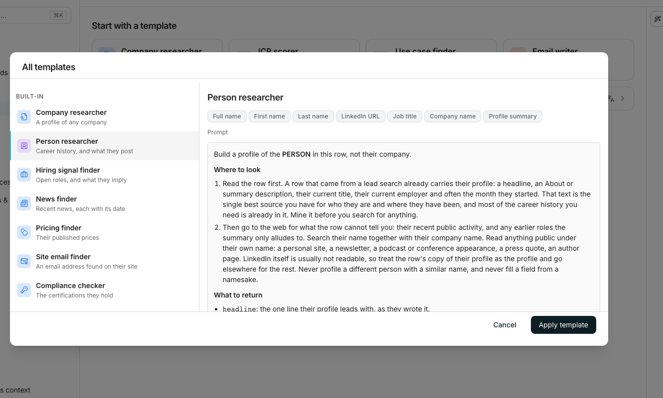The Built-in templates dialog with the template list on the left and Person research selected, showing its input chips and prompt on the right beside an Apply template button.