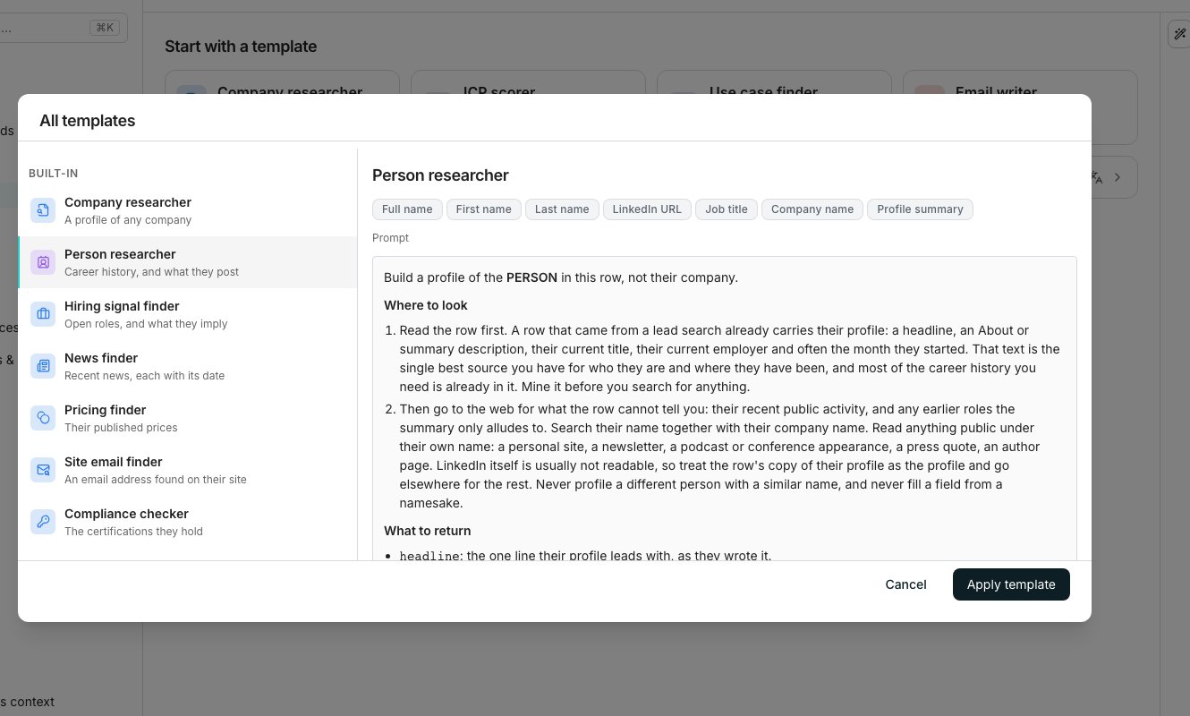 The Built-in templates dialog with the template list on the left and Person research selected, showing its input chips and prompt on the right beside an Apply template button.