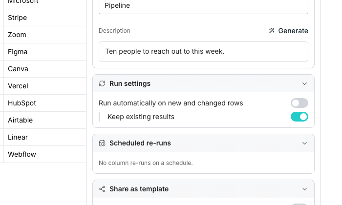 The Table settings panel's Run settings section, with a Run automatically on new and changed rows switch and a Keep existing results switch indented beneath it.