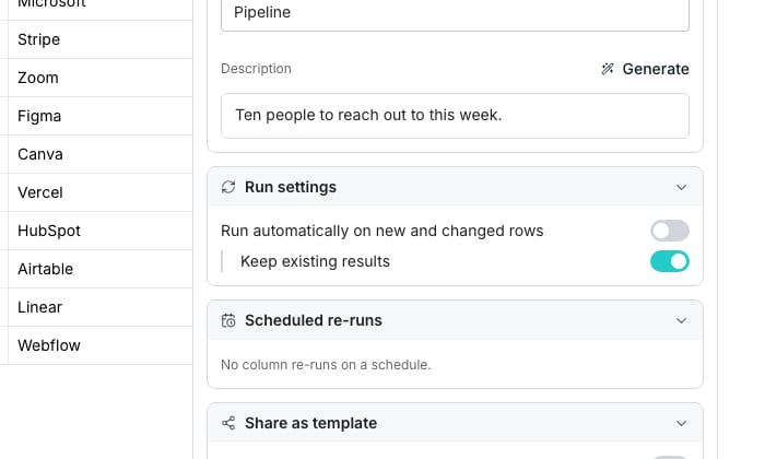 The Table settings panel's Run settings section, with a Run automatically on new and changed rows switch and a Keep existing results switch indented beneath it.